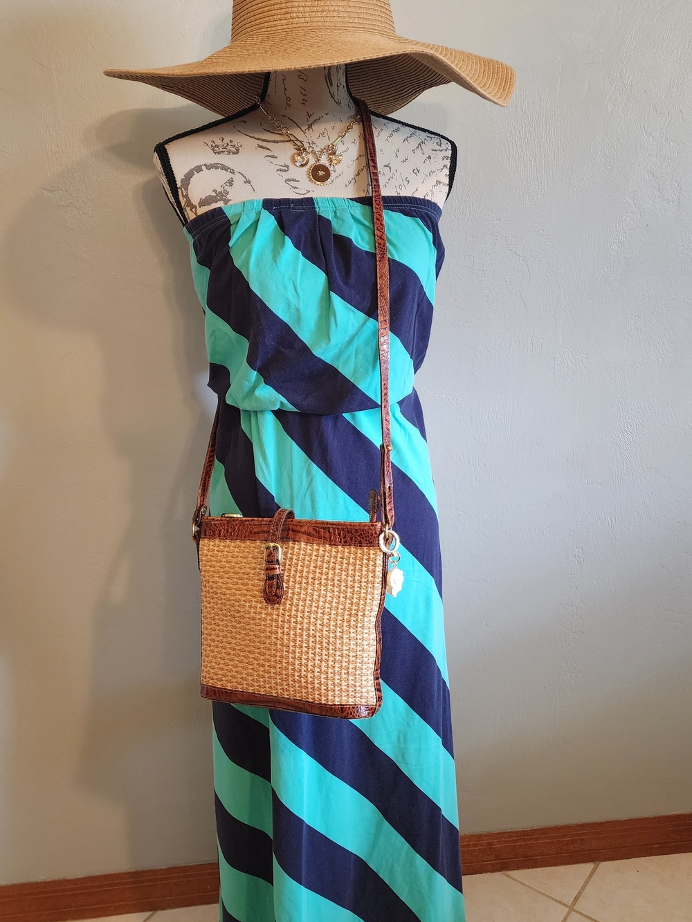 Lilly Pulitzer Navy And Green Striped Strapless Maxi Dress